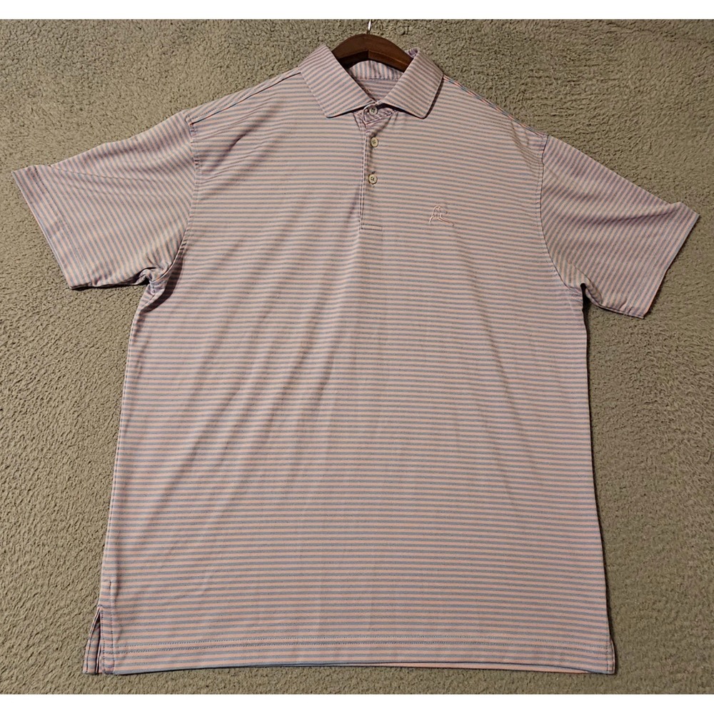 Rhoback Mens Performance Polo Shirt Medium Blue Pink Striped Golf SU23_4_MTSP